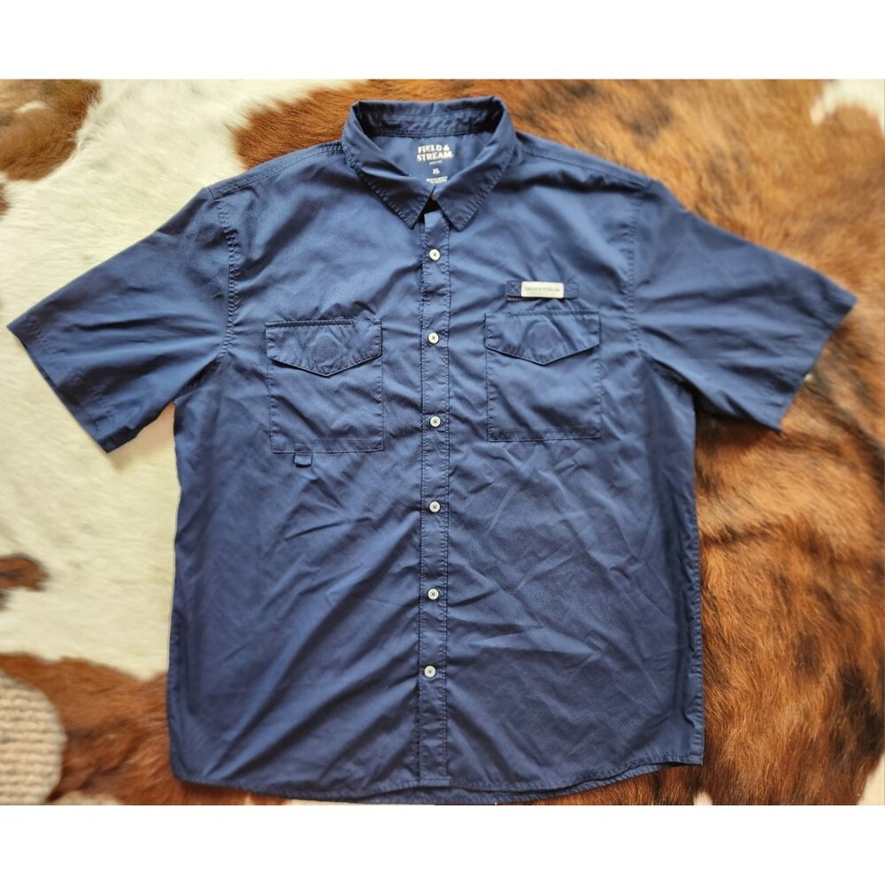 Field and Stream Vented Fishing Shirt Blue Men XL Double Pockets Excellent